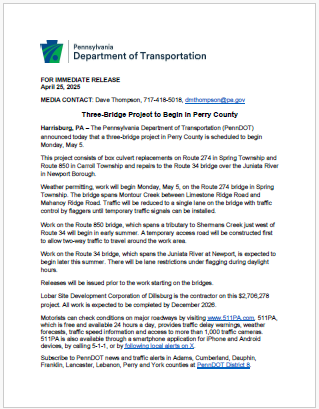 Three-Bridge Project to Begin in Perry County